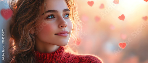 Woman in red sweater, pink background with floating hearts, soft and romantic, halfbody shot photo