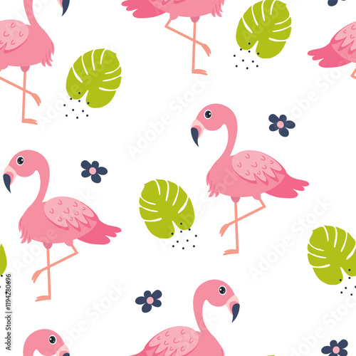 Colorful flamingo pattern with tropical leaves and flowers on a white background