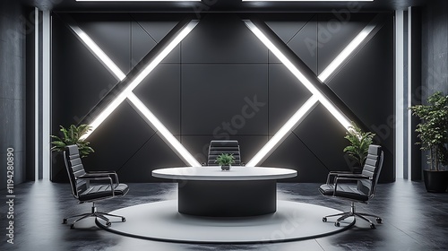 Wallpaper Mural A sophisticated black-and-white podcast studio with a white round table, black upholstered chairs, and a minimal backdrop with sleek black and white geometric patterns. Torontodigital.ca