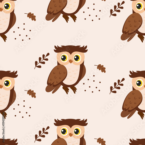 Pattern of cute cartoon owls among leaves and acorns on a light background