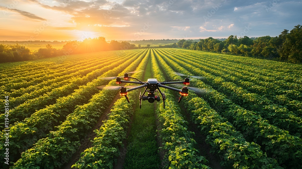 Fototapeta premium Expansive fields with drones mapping and spraying crops autonomously