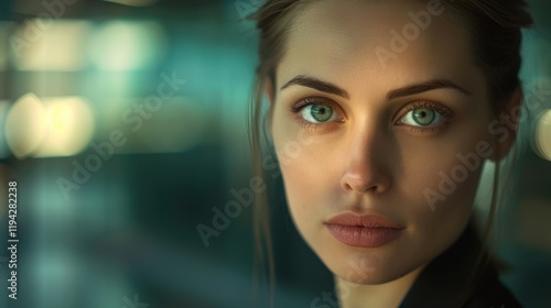 Wallpaper Mural close up portrait of woman with striking blue eyes and natural makeup, set against softly blurred background. lighting creates warm, inviting atmosphere Torontodigital.ca