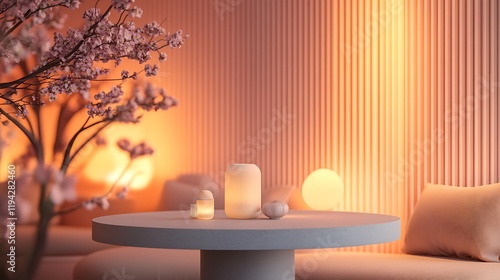 Wallpaper Mural A small relaxation podcast studio with light peach walls, a round table with a soft gray finish, plush seating, and warm glowing lamps. Torontodigital.ca