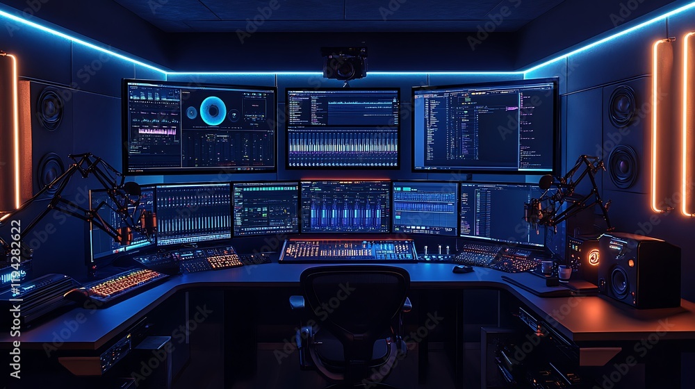 A tech-heavy podcast studio with multiple curved monitors, a sleek black desk, and advanced mixers with glowing LED buttons. Dynamic microphones on adjustable arms are perfectly positioned, A tech-heavy podcast studio with multiple curved monitors, a sleek black desk, and advanced mixers with glowing LED buttons. Dynamic microphones on adjustable arms are perfectly positioned,