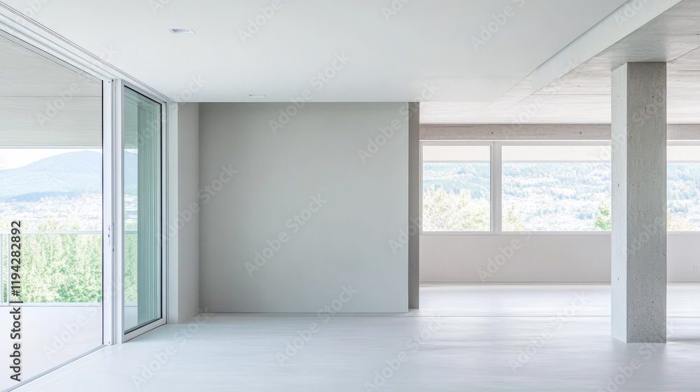 Modern empty room with large windows and scenic view in a minimalist style Modern empty room with large windows and scenic view in a minimalist style