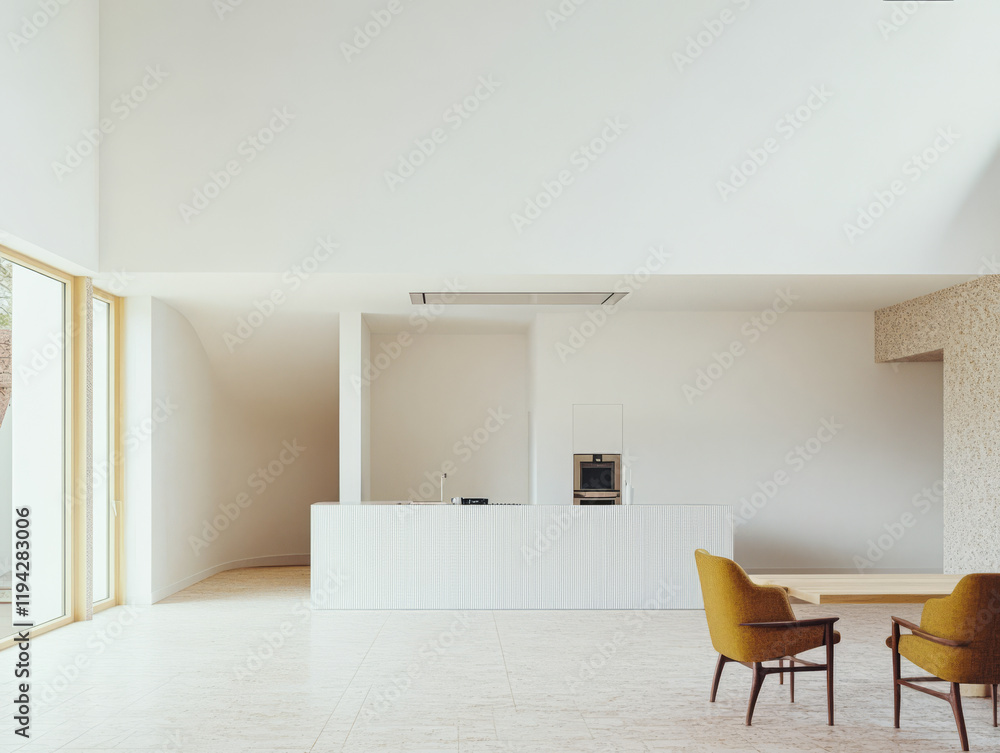 Fototapeta premium Modern interior design in a minimalist space with yellow chairs and a sleek counter area