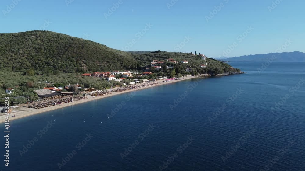 Aerial reveal of the Afissos beach, Greece Aerial reveal of the Afissos beach, Greece