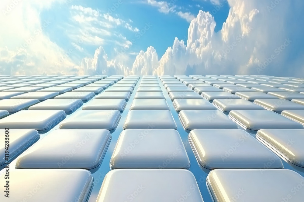 Naklejka premium Serene White Tiles Under a Bright Blue Sky with Fluffy Clouds