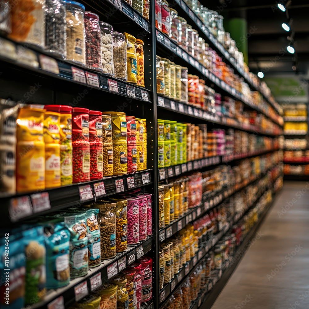 Obraz premium A vibrant grocery aisle filled with colorful packages of snacks and food products on neatly arranged shelves.