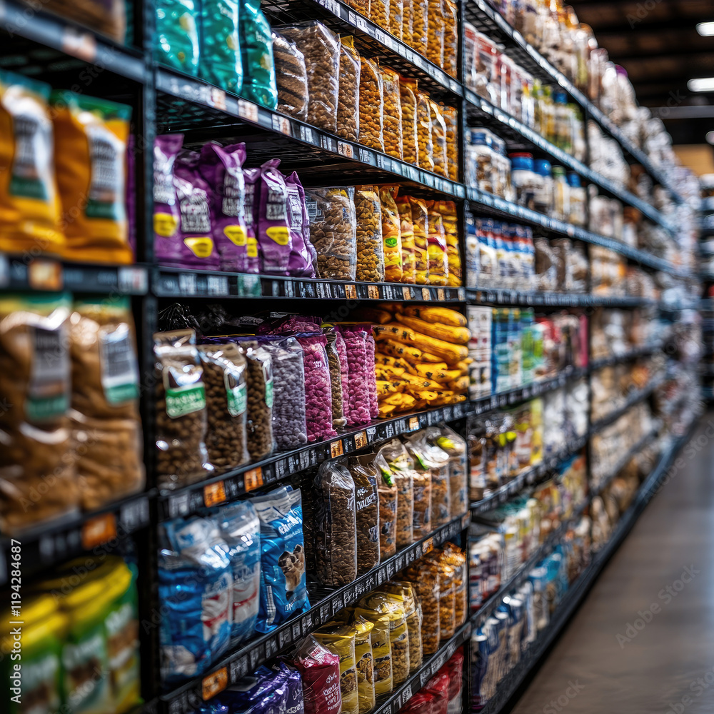 Obraz premium A vibrant display of packaged snacks and grains on grocery store shelves, showcasing a wide variety of colors and brands.