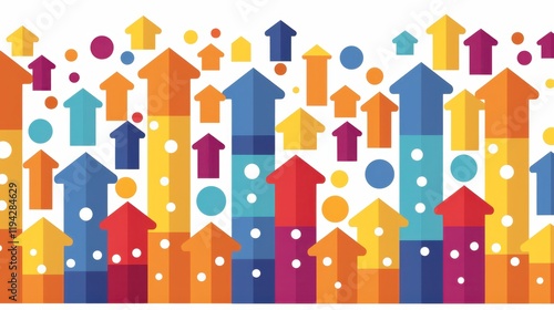 Colorful arrows and circles create vibrant pattern, symbolizing growth and progress. This abstract design features various shapes in bright hues, ideal for presentations