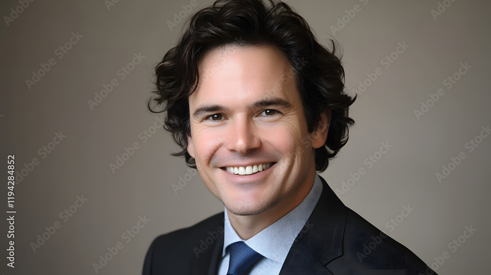 A confident man in a suit smiling warmly against a neutral background. A confident man in a suit smiling warmly against a neutral background.