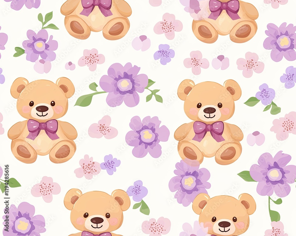 Adorable Teddy Bears and Purple Flowers Seamless Pattern Cute Cartoon Illustration Baby Girl Design Adorable Teddy Bears and Purple Flowers Seamless Pattern Cute Cartoon Illustration Baby Girl Design