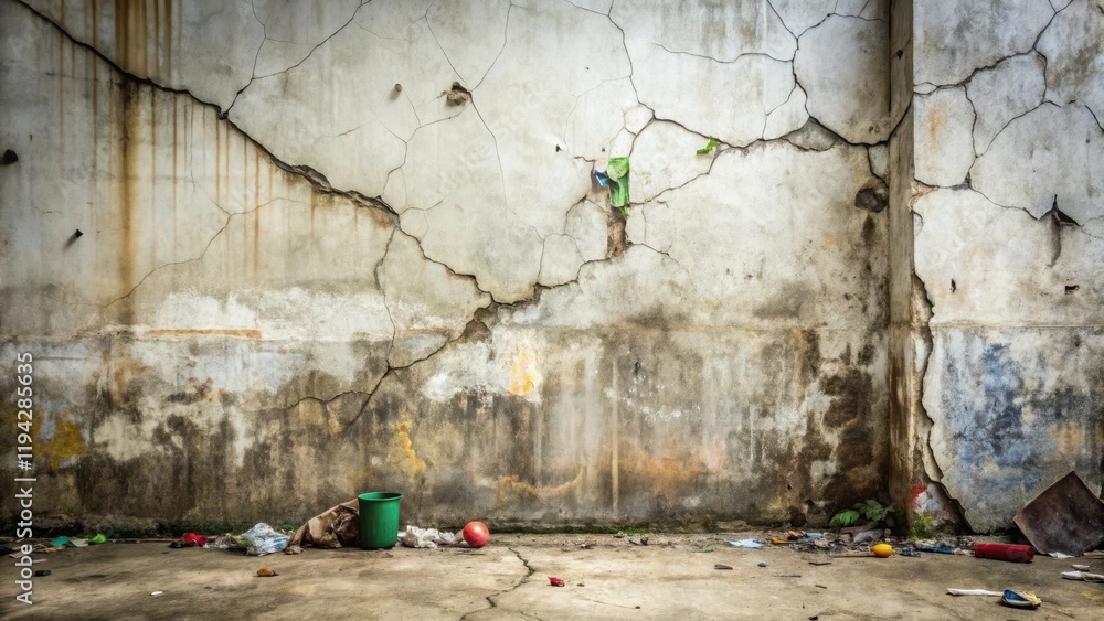 Obraz premium A Crumbling Wall, Littered Ground, and a Green Bucket A Study in Urban Decay