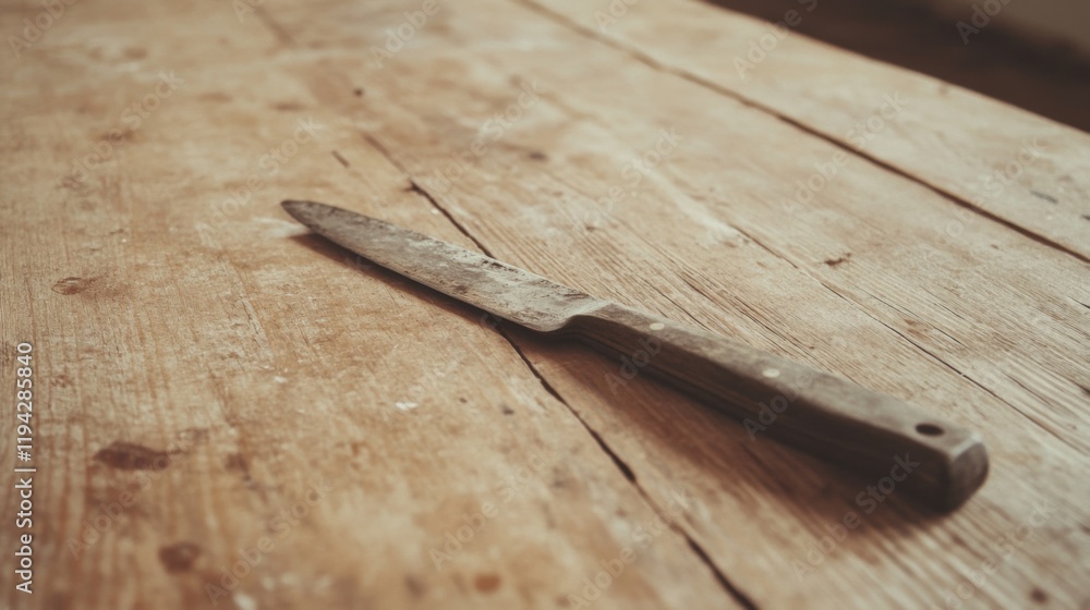 Old, rusty knife on a weathered wooden table. Old, rusty knife on a weathered wooden table.