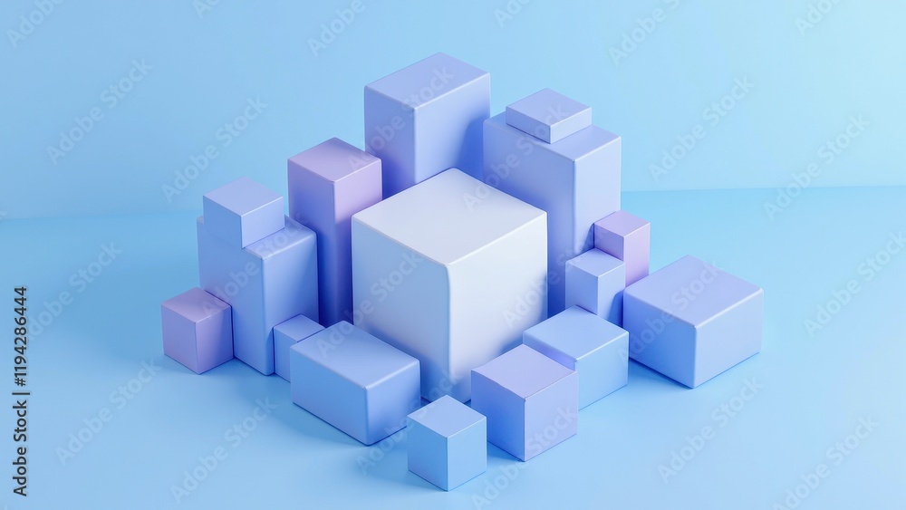 Cluster of vibrant light blue and lavender 3D cubes with a prominent white cube at their center, resting on a soft blue backdrop, captured in an immersive eye-level perspective Cluster of vibrant light blue and lavender 3D cubes with a prominent white cube at their center, resting on a soft blue backdrop, captured in an immersive eye-level perspective