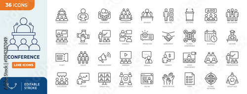 Seminar or Conference line editable icons set. Conference icon set. vector illustration