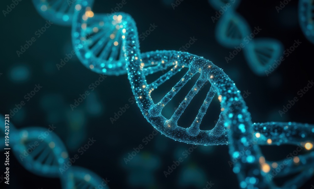 Illuminated DNA strands in blue hues Illuminated DNA strands in blue hues