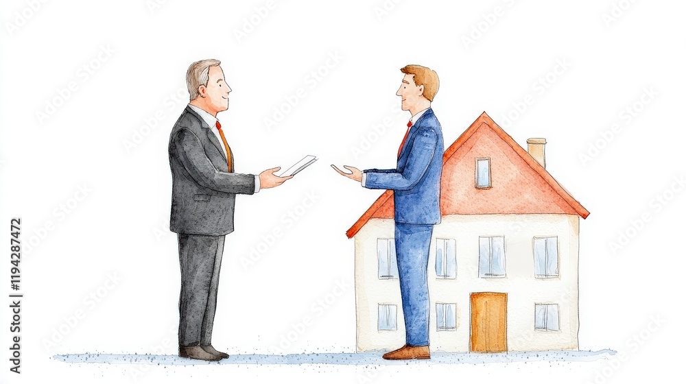 Businessmen Discussing Real Estate Investment Opportunities with House Illustration in Background Businessmen Discussing Real Estate Investment Opportunities with House Illustration in Background