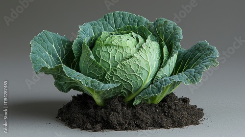 Fresh green cabbage in soil on gray background. photo