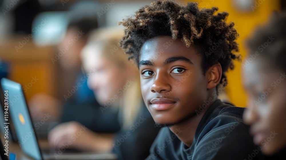 High school students preparing presentations using AI-driven laptops in a tech-forward classroom High school students preparing presentations using AI-driven laptops in a tech-forward classroom
