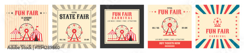 Colorful vintage fun fair festival invitation banner set. Ferris wheel, circus tent, carousel in flat style. Retro vector illustration. Concept for advertising card, poster, flyer, post and more