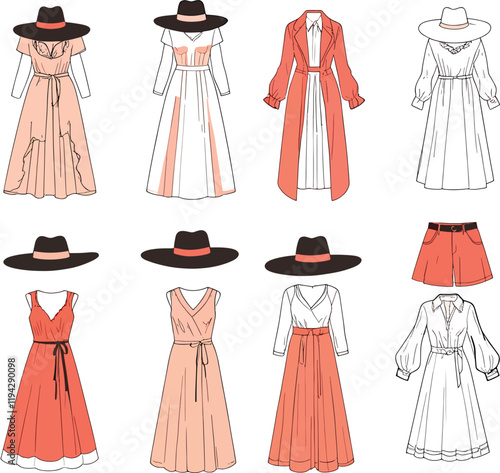 Set of Modern Female Western Dress Icons - Stylish Fashion Illustrations