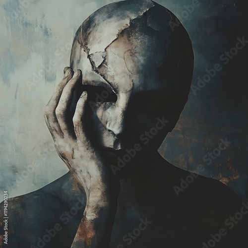 Obscured Face in Surreal Distressed and Emotive Digital Art Composition Representing Psychological Concepts of the Mind Identity and Consciousness photo