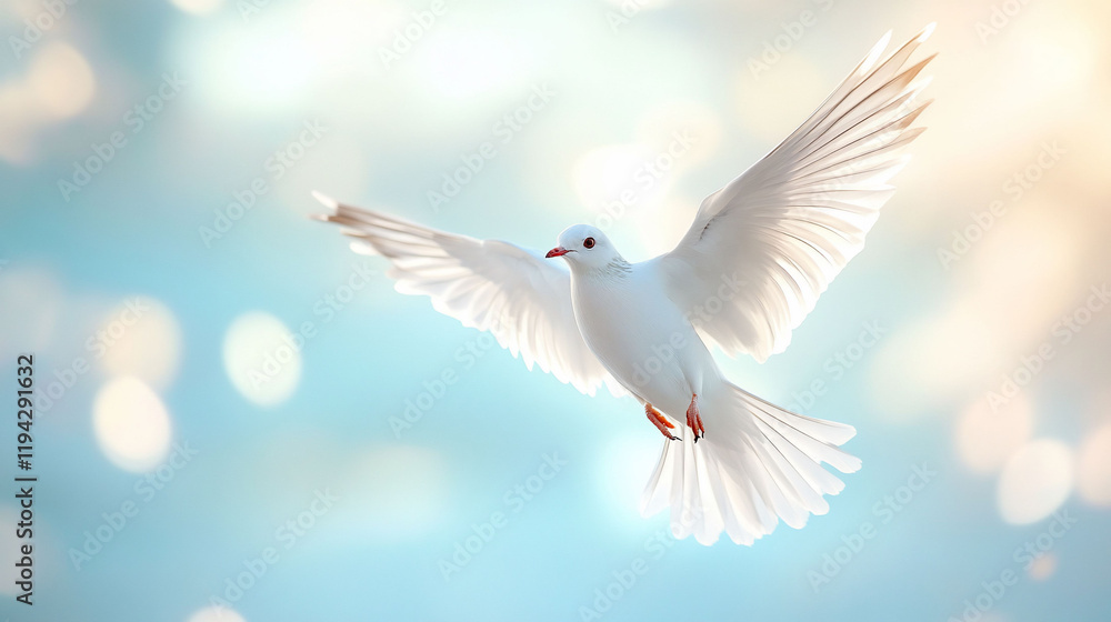 Obraz premium White dove in flight, peaceful sky, bokeh background, hope symbol, spiritual imagery