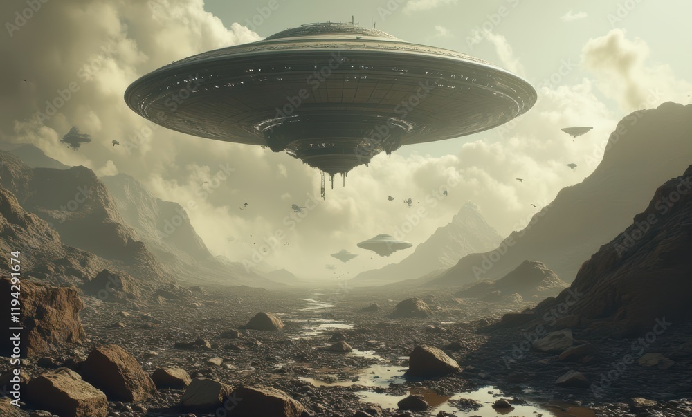 Mysterious UFO hovering over alien landscape Mysterious UFO hovering over alien landscape