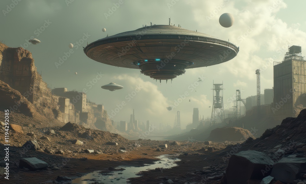 Futuristic alien landscape with UFOs hovering Futuristic alien landscape with UFOs hovering