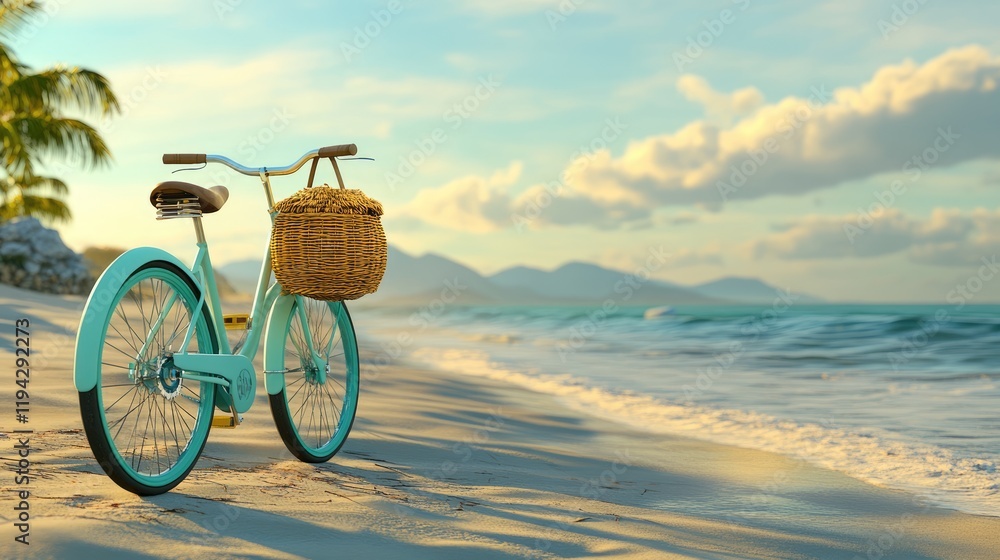 Fototapeta premium A beach cruiser with a straw bag hanging from the handlebars, parked on sandy shores.