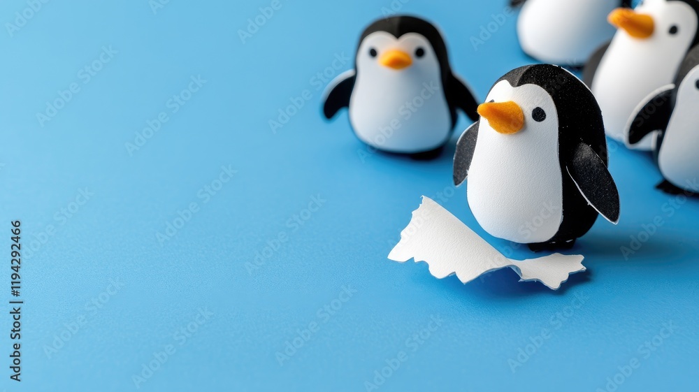Obraz premium Small penguin figurines on blue surface with paper cutout