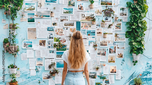 woman stands in front of colorful vision board filled with travel images, inspiring creativity and motivation