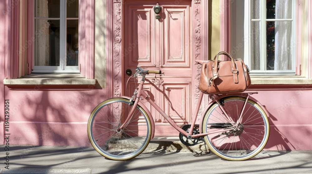 A city bicycle with a stylish handbag hanging on one side, in front of a boutique store. A city bicycle with a stylish handbag hanging on one side, in front of a boutique store.