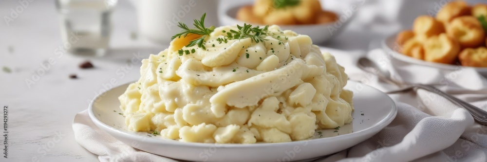 A bowl of creamy mashed potatoes sits atop a plain white surface, side dish, chives, parsley A bowl of creamy mashed potatoes sits atop a plain white surface, side dish, chives, parsley