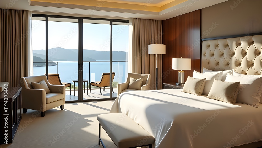 Fototapeta premium A spacious master suite with a seating area, large bed, and a private balcony