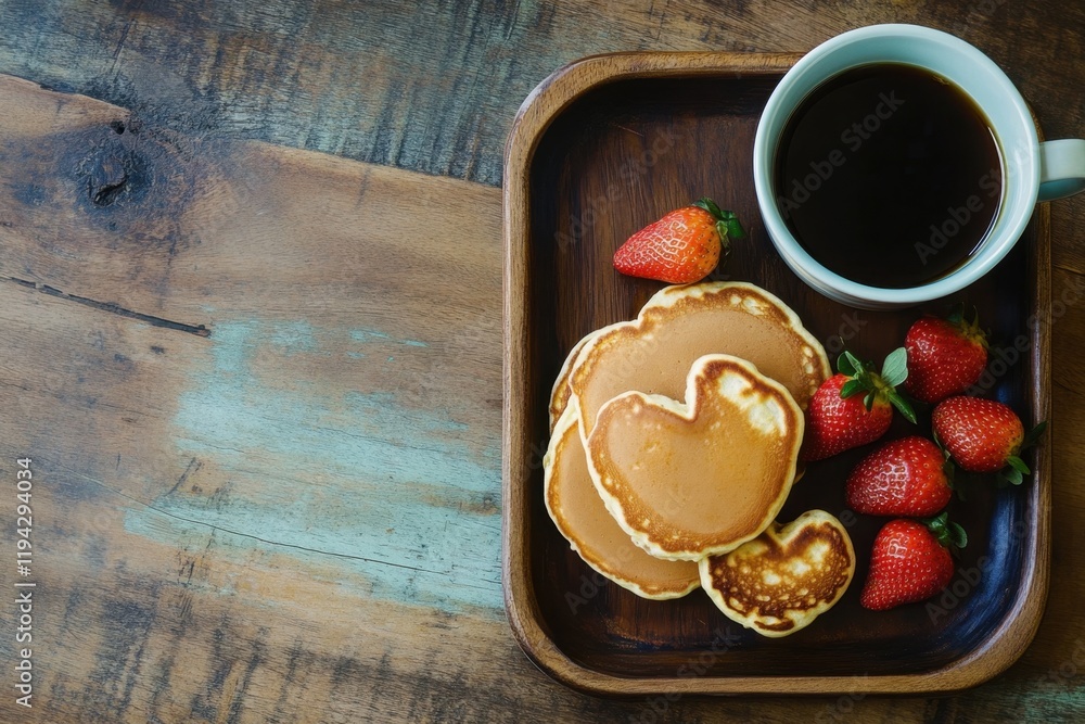 Romantic valentine's breakfast tray with heart-shaped pancakes cozy home setting food photography natural lighting high angle view love and affection concept Romantic valentine's breakfast tray with heart-shaped pancakes cozy home setting food photography natural lighting high angle view love and affection concept
