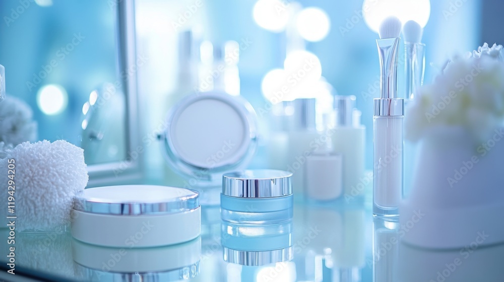 A clean, modern vanity setup with skincare bottles neatly organized on a reflective surface. A clean, modern vanity setup with skincare bottles neatly organized on a reflective surface.
