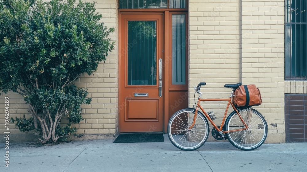 A commuter bicycle with a gym bag hanging on the side, parked outside a fitness center. A commuter bicycle with a gym bag hanging on the side, parked outside a fitness center.