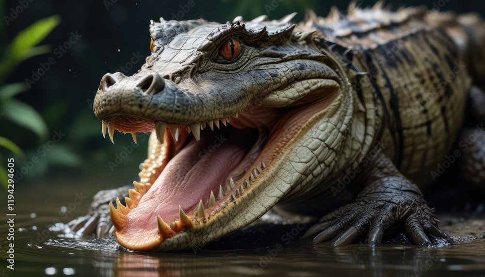 Fototapeta premium A caiman's sharp teeth are visible in its open jaws as it prepares to eat its freshly caught fish, eat, natural behavior