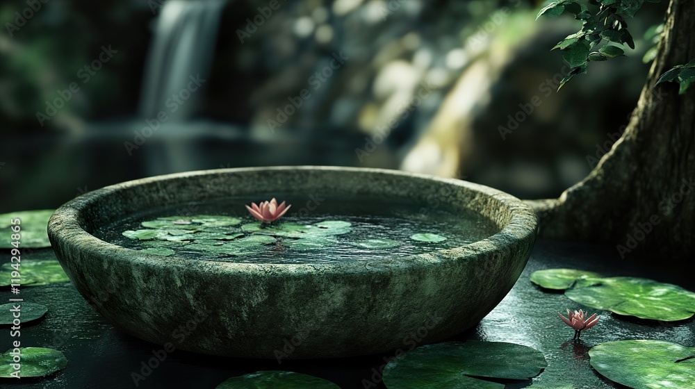 Serene Stone Bowl with Water Lilies and Waterfall Serene Stone Bowl with Water Lilies and Waterfall
