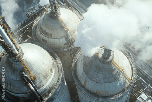 Power plant with towering cooling towers releasing steam photo