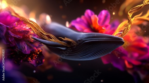 Wallpaper Mural Mystical Whale Among Vibrant Flowers and Golden Vines Torontodigital.ca