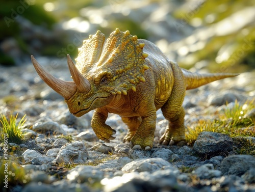 Young Dinosaur Roaming Rocky Terrain at Dawn with Vibrant Colors and Dramatic Lighting. photo