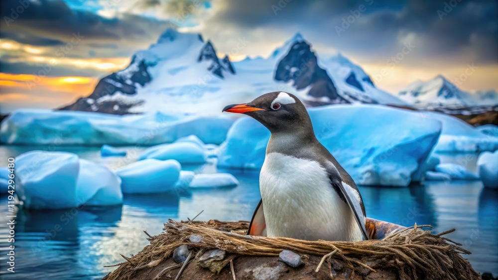 Obraz premium Gentoo penguin double exposure captures the essence of Antarctica's Yankee Harbor nesting sites.