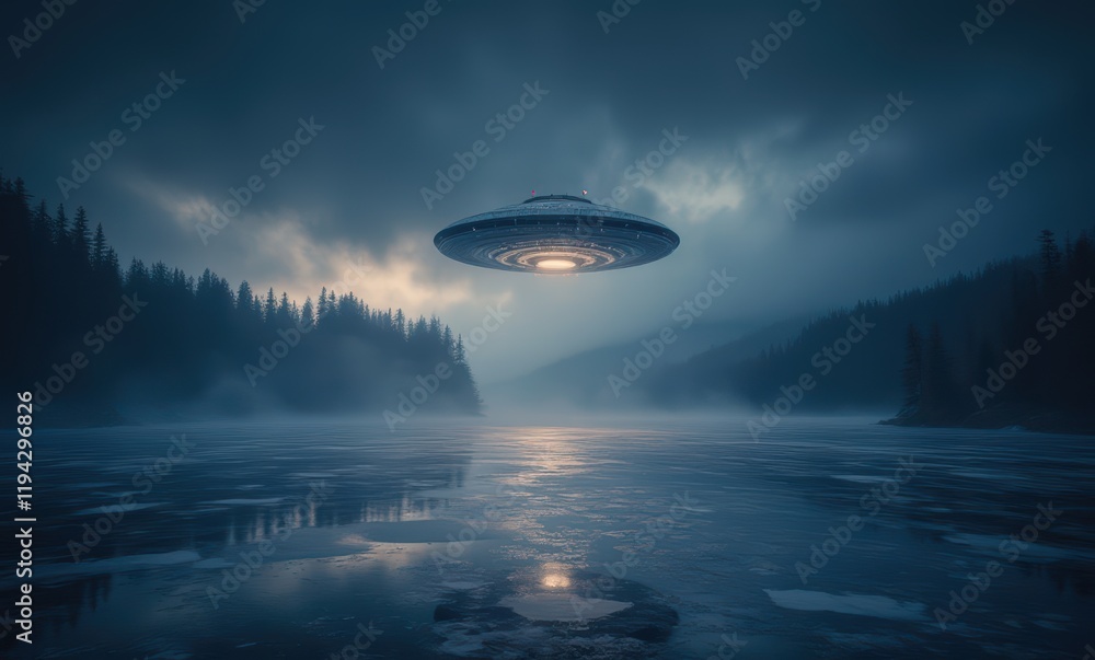 Mysterious UFO over tranquil lake Mysterious UFO over tranquil lake