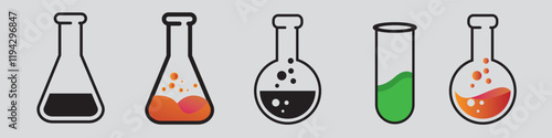 Chemical laboratory set. Chemical test tubes and flasks isolated on a white background. Simple flat style. Chemistry theme. Scientific research vector illustration
