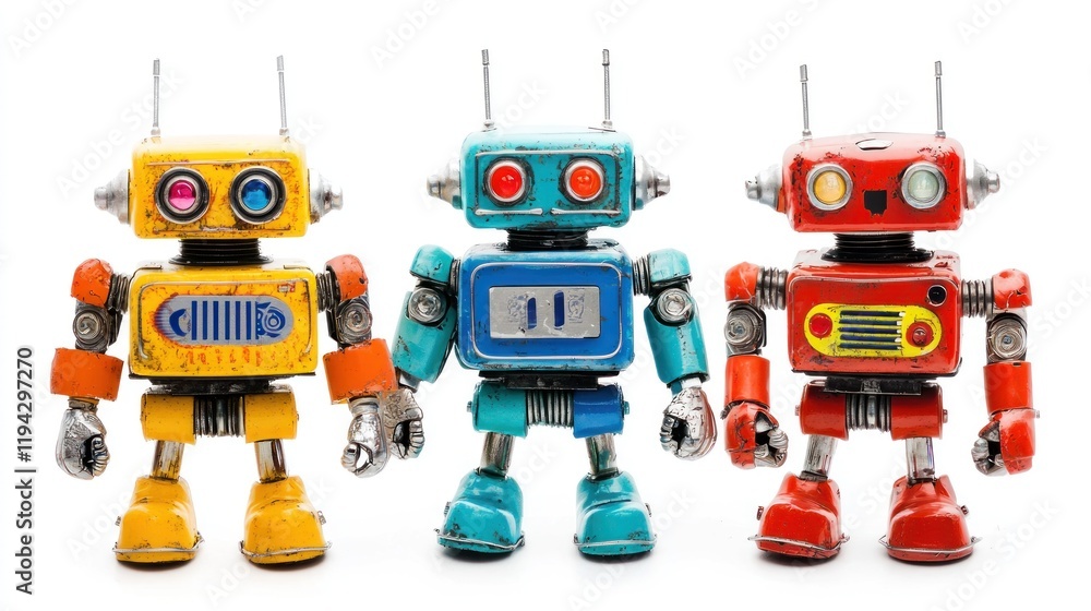 Fototapeta premium Vintage Robot Trio: A Colorful Display of Retro Mechanical Toys