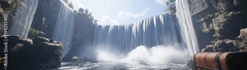 Majestic Waterfall Cascading into a Rocky Basin Surrounded by Lush Greenery